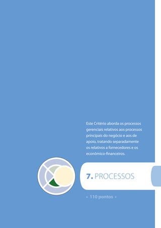Critérios de Excelência 2010 | FNQ | 67
• 110 pontos •
7. PROCESSOS
Este Critério aborda os processos
gerenciais relativos aos processos
principais do negócio e aos de
apoio, tratando separadamente
os relativos a fornecedores e os
econômico-financeiros.
 
