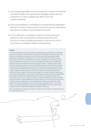 Critérios de Excelência 2010 | FNQ | 73
Notas
1 Cada organização, em razão de seu perfil e estratégias, precisa identificar os parâmetros
financeiros que devem ser controlados. Usualmente, são utilizados indicadores tais como:
estrutura – endividamento (passivo circulante mais exigível de longo prazo dividido
pelo patrimônio líquido); composição do endividamento (passivo circulante dividido
pelo passivo circulante mais exigível de longo prazo); endividamento oneroso (recursos
onerosos divididos pelo passivo circulante mais exigível de longo prazo); imobilização
(ativo permanente dividido pelo patrimônio líquido); liquidez – liquidez corrente (ativo
circulante dividido pelo passivo circulante); liquidez geral (ativo circulante mais realizável
de longo prazo dividido pelo passivo circulante mais exigível de longo prazo); atividade
– prazo médio de recebimento de vendas; prazo médio de renovação de estoques; prazo
médio do pagamento de compras; ciclo financeiro (prazo médio de recebimento de
vendas mais prazo médio de renovação de estoques menos prazo médio do pagamento
de compras); rentabilidade – giro do ativo (receita líquida dividida pelo ativo); rentabilidade
do patrimônio líquido (lucro líquido dividido pelo patrimônio líquido); margem bruta
(receita de vendas menos o custo dos produtos vendidos dividida pela receita de vendas);
vendas (receita de vendas dividida pela receita de vendas prevista); crescimento da receita
(total de vendas no período de um ano dividido pelas vendas no ano anterior). Ainda
podem ser incluídos indicadores como: valor econômico agregado (EVA – lucro líquido
menos custo de oportunidade do capital empregado); EBITDA; índice de cobertura das
despesas financeiras (EBITDA dividido pelas despesas financeiras).
2 Os resultados dos principais indicadores de desempenho relativos a este Item devem
ser apresentados em 8.1.
c)	 Como a organização define os recursos financeiros e avalia os investimentos
necessários visando a dar suporte para as estratégias e planos de ação?
	 n Apresentar os critérios utilizados para definir a forma de
captação apropriada.
d)	Como são quantificados e monitorados os riscos financeiros da organização?
	 n Destacar o modo de tratamento dos riscos financeiros mais significativos
que possam vir a afetar as demonstrações financeiras.
e)	Como é elaborado e controlado o orçamento visando assegurar o
atendimento dos níveis esperados de desempenho financeiro?
	 n Destacar a maneira utilizada para assegurar o alinhamento entre o
orçamento e as estratégias e objetivos da organização
 