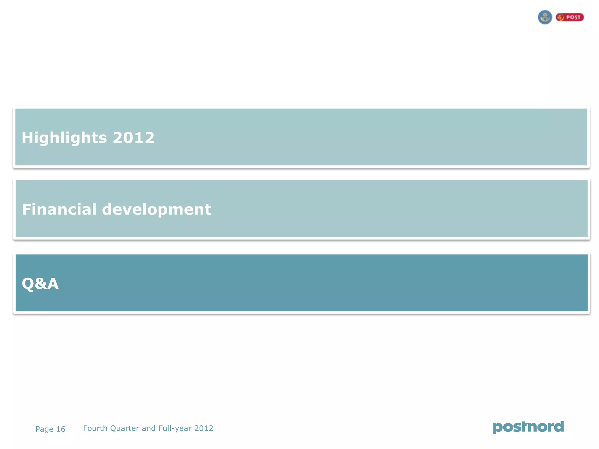 Highlights 2012



Financial development



Q&A




 Page 16   Fourth Quarter and Full-year 2012
 