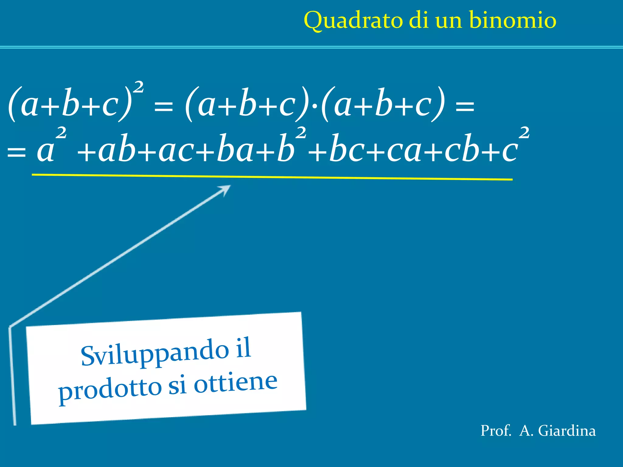 Quadrato di un binomio(a+b+c)2 = (a+b+c)·(a+b+c) == a2 +ab+ac+ba+b2+bc+ca+cb+c2Sviluppando il prodotto si ottieneProf.  A. Giardina