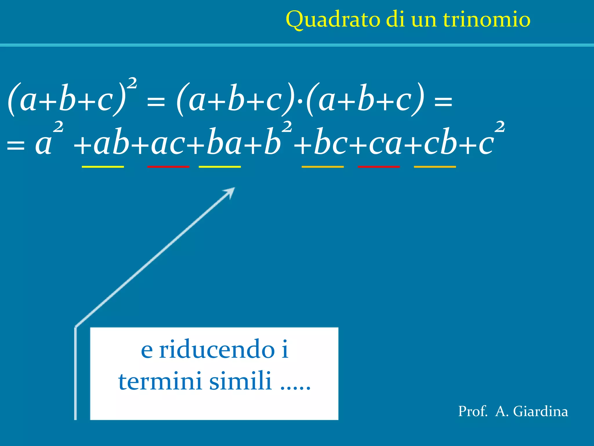 Quadrato di un trinomio(a+b+c)2 = (a+b+c)·(a+b+c) == a2 +ab+ac+ba+b2+bc+ca+cb+c2e riducendo i termini simili …..Prof.  A. Giardina