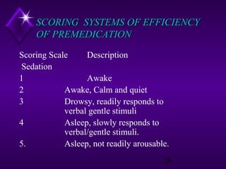 SCORING SYSTEMS OF EFFICIENCY
OF PREMEDICATION
Scoring Scale
Description
Sedation
1
Awake
2
Awake, Calm and quiet
3
Drowsy, readily responds to
verbal gentle stimuli
4
Asleep, slowly responds to
verbal/gentle stimuli.
5.
Asleep, not readily arousable.
26

 