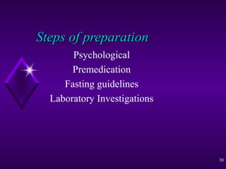 Steps of preparation
Psychological
Premedication
Fasting guidelines
Laboratory Investigations

30

 