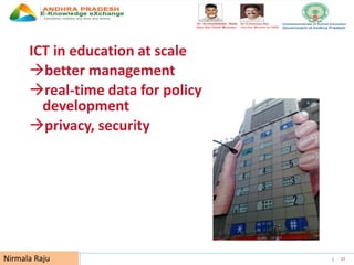 UNESCO EDUCATION SECTOR 37
ICT in education at scale
better management
real-time data for policy
development
privacy, security
Nirmala Raju
 