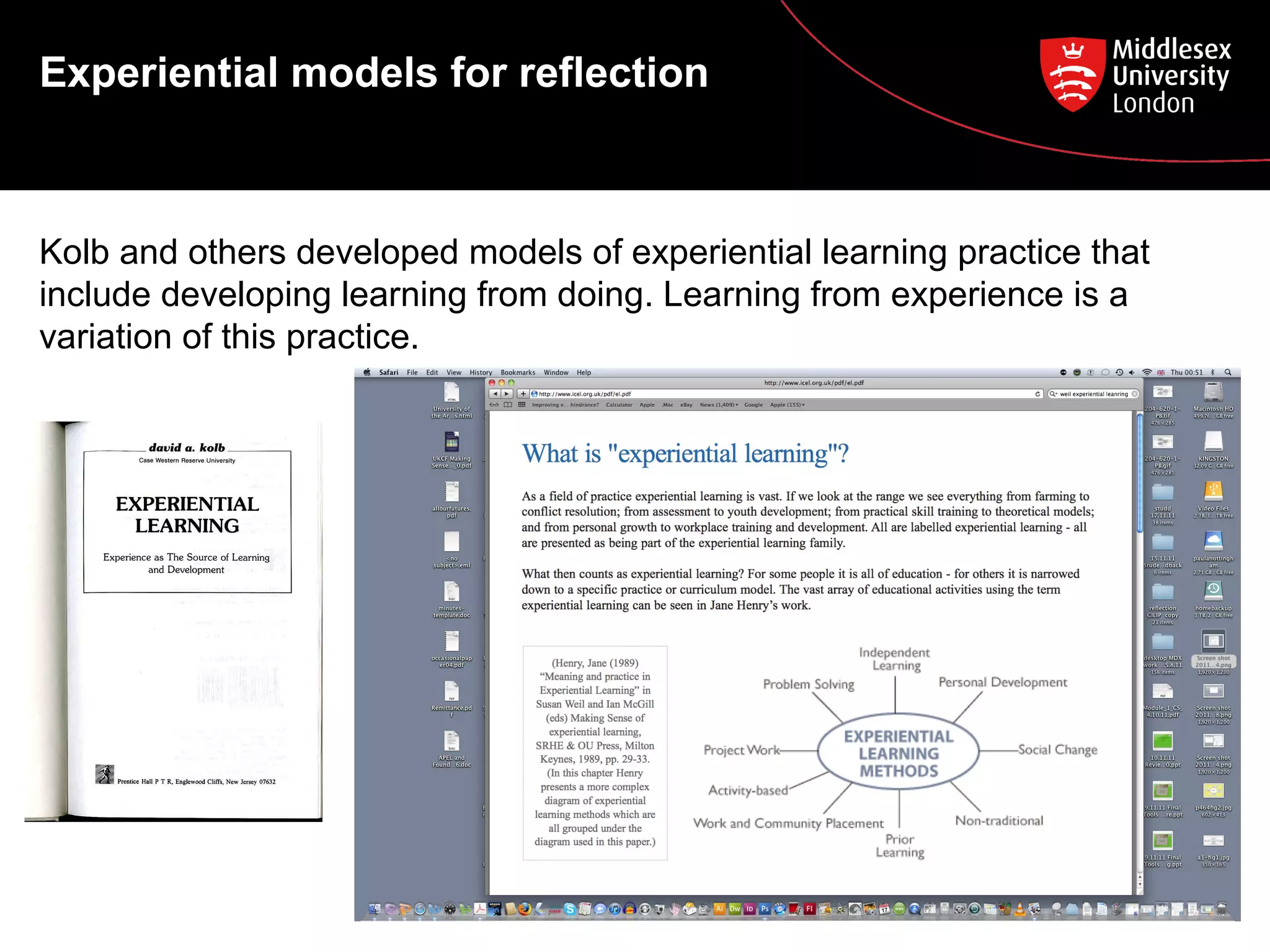 Experiential models for reflection

Kolb and others developed models of experiential learning practice that
include developing learning from doing. Learning from experience is a
variation of this practice.

 