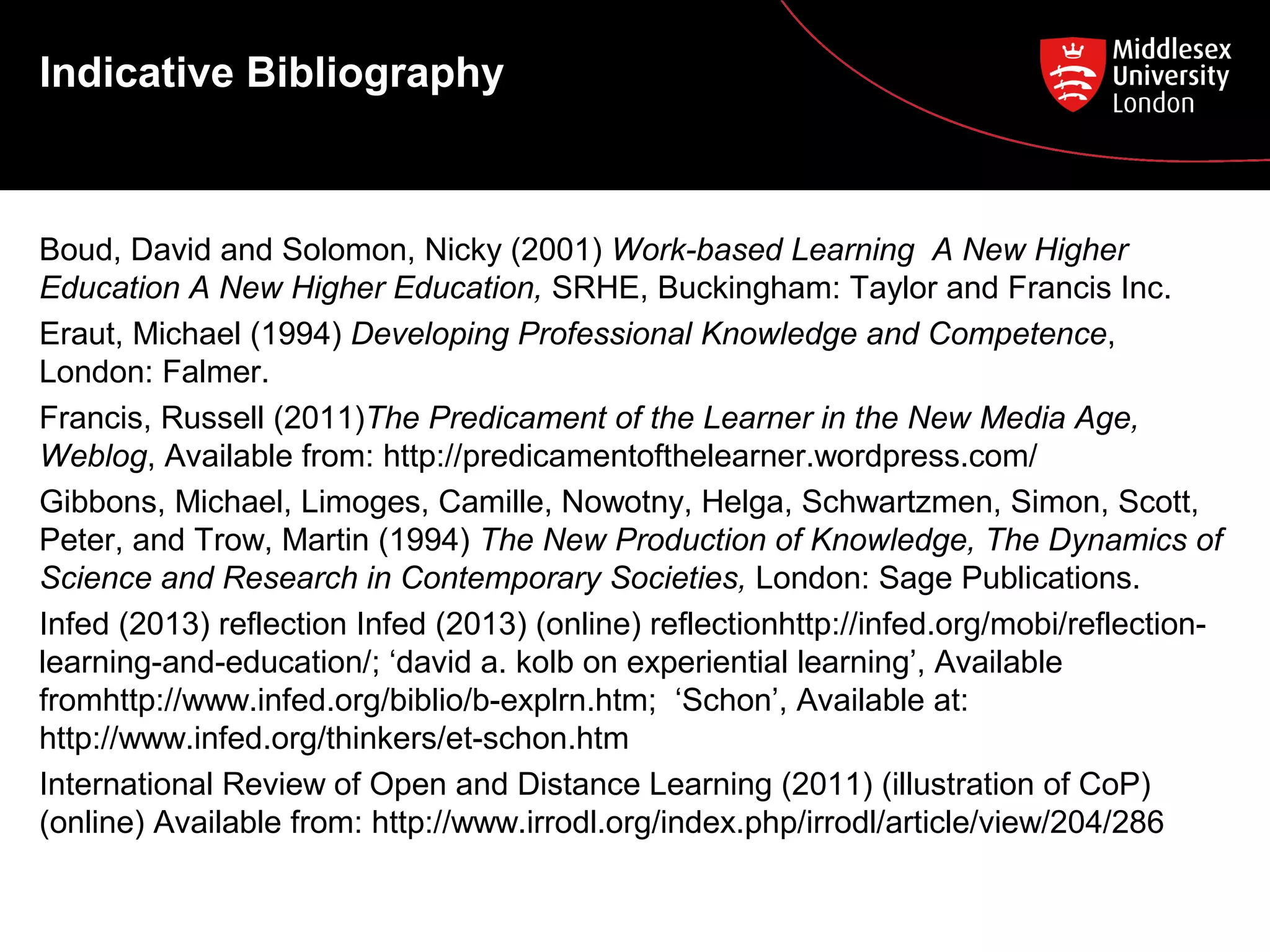 Indicative Bibliography

Boud, David and Solomon, Nicky (2001) Work-based Learning A New Higher
Education A New Higher Education, SRHE, Buckingham: Taylor and Francis Inc.
Eraut, Michael (1994) Developing Professional Knowledge and Competence,
London: Falmer.
Francis, Russell (2011)The Predicament of the Learner in the New Media Age,
Weblog, Available from: http://predicamentofthelearner.wordpress.com/
Gibbons, Michael, Limoges, Camille, Nowotny, Helga, Schwartzmen, Simon, Scott,
Peter, and Trow, Martin (1994) The New Production of Knowledge, The Dynamics of
Science and Research in Contemporary Societies, London: Sage Publications.
Infed (2013) reflection Infed (2013) (online) reflectionhttp://infed.org/mobi/reflectionlearning-and-education/; ‘david a. kolb on experiential learning’, Available
fromhttp://www.infed.org/biblio/b-explrn.htm; ‘Schon’, Available at:
http://www.infed.org/thinkers/et-schon.htm
International Review of Open and Distance Learning (2011) (illustration of CoP)
(online) Available from: http://www.irrodl.org/index.php/irrodl/article/view/204/286

 