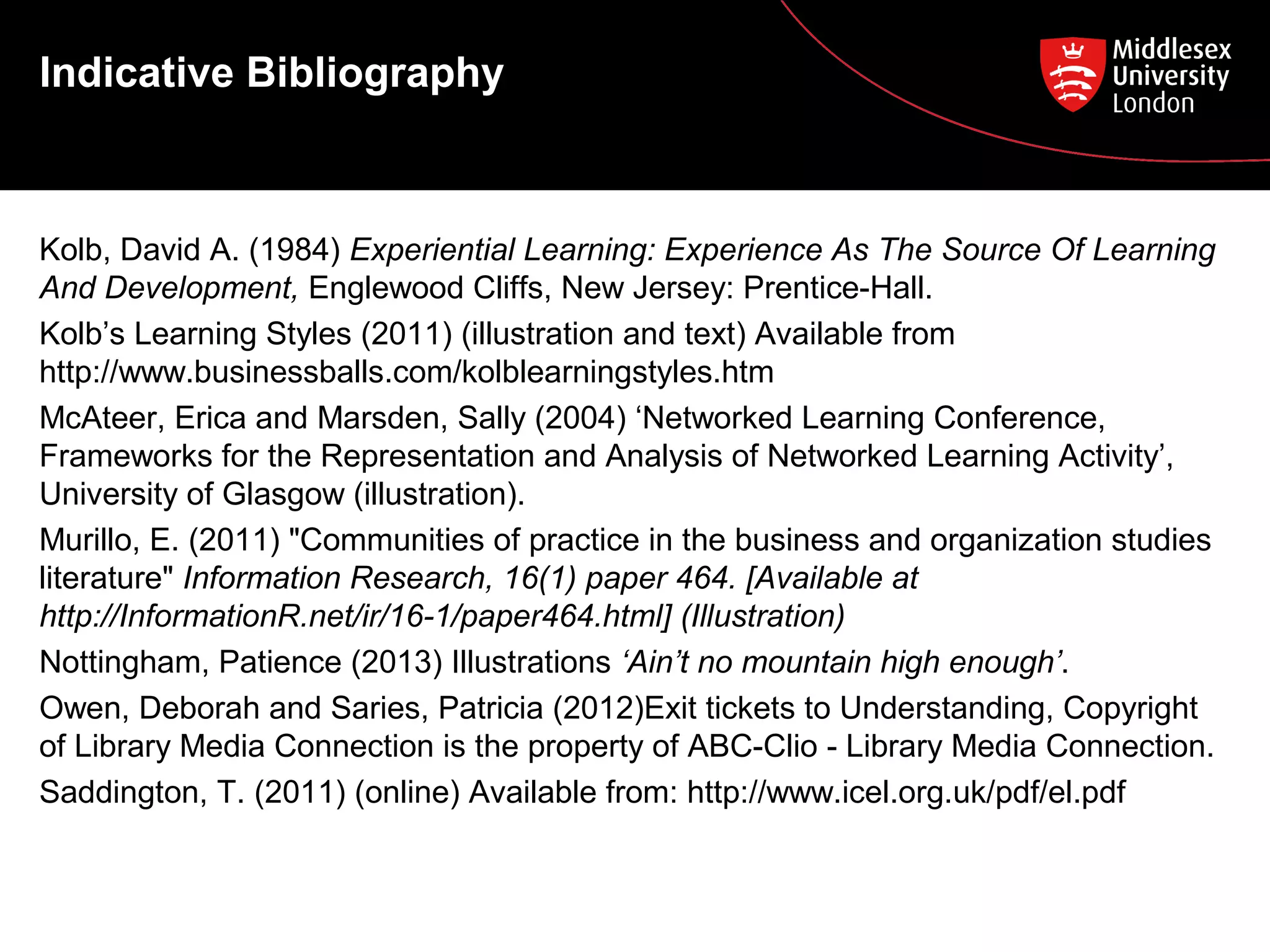 Indicative Bibliography

Kolb, David A. (1984) Experiential Learning: Experience As The Source Of Learning
And Development, Englewood Cliffs, New Jersey: Prentice-Hall.
Kolb’s Learning Styles (2011) (illustration and text) Available from
http://www.businessballs.com/kolblearningstyles.htm
McAteer, Erica and Marsden, Sally (2004) ‘Networked Learning Conference,
Frameworks for the Representation and Analysis of Networked Learning Activity’,
University of Glasgow (illustration).
Murillo, E. (2011) "Communities of practice in the business and organization studies
literature" Information Research, 16(1) paper 464. [Available at
http://InformationR.net/ir/16-1/paper464.html] (Illustration)
Nottingham, Patience (2013) Illustrations ‘Ain’t no mountain high enough’.
Owen, Deborah and Saries, Patricia (2012)Exit tickets to Understanding, Copyright
of Library Media Connection is the property of ABC-Clio - Library Media Connection.
Saddington, T. (2011) (online) Available from: http://www.icel.org.uk/pdf/el.pdf

 