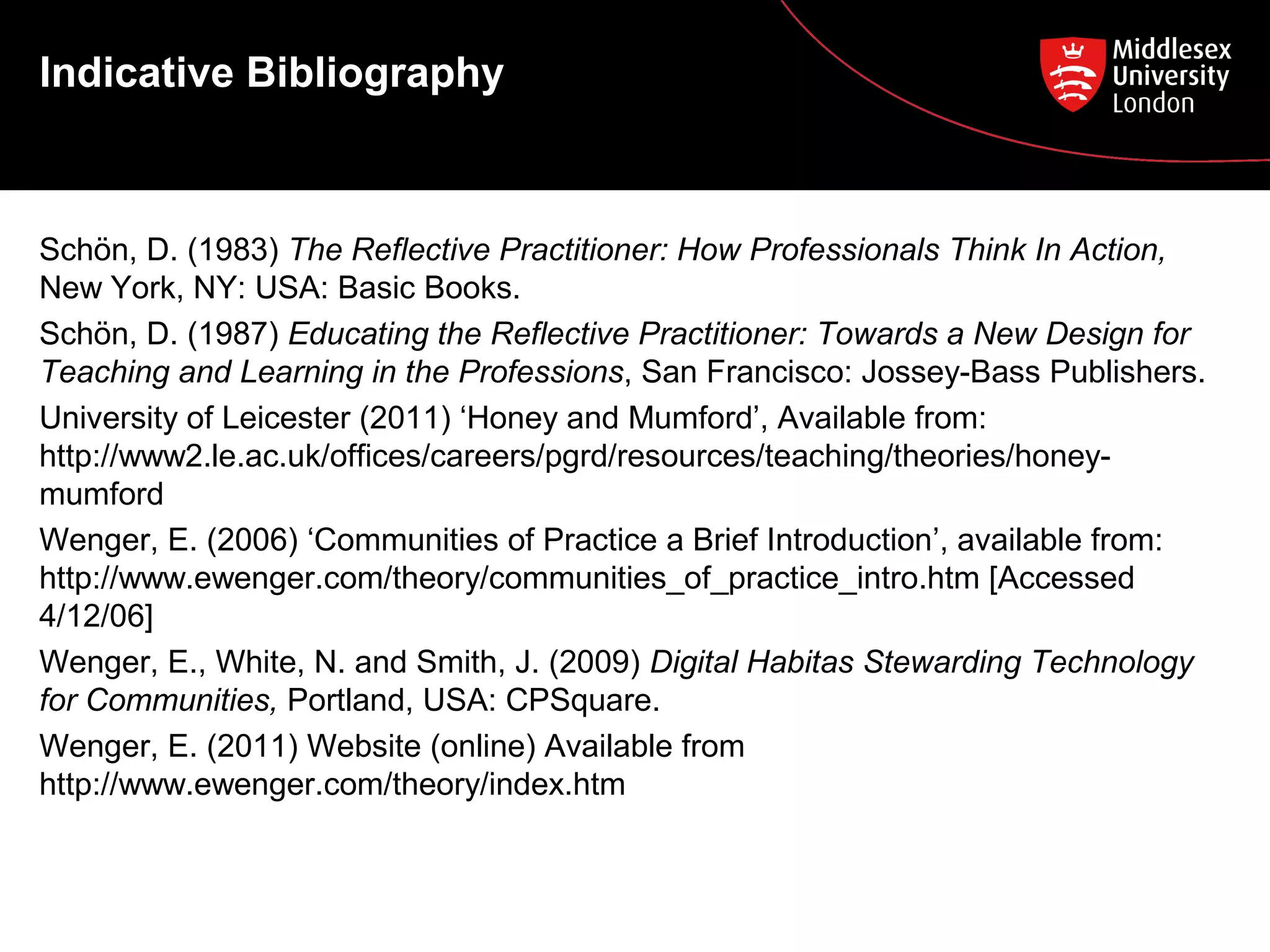 Indicative Bibliography

Schön, D. (1983) The Reflective Practitioner: How Professionals Think In Action,
New York, NY: USA: Basic Books.
Schön, D. (1987) Educating the Reflective Practitioner: Towards a New Design for
Teaching and Learning in the Professions, San Francisco: Jossey-Bass Publishers.
University of Leicester (2011) ‘Honey and Mumford’, Available from:
http://www2.le.ac.uk/offices/careers/pgrd/resources/teaching/theories/honeymumford
Wenger, E. (2006) ‘Communities of Practice a Brief Introduction’, available from:
http://www.ewenger.com/theory/communities_of_practice_intro.htm [Accessed
4/12/06]
Wenger, E., White, N. and Smith, J. (2009) Digital Habitas Stewarding Technology
for Communities, Portland, USA: CPSquare.
Wenger, E. (2011) Website (online) Available from
http://www.ewenger.com/theory/index.htm

 
