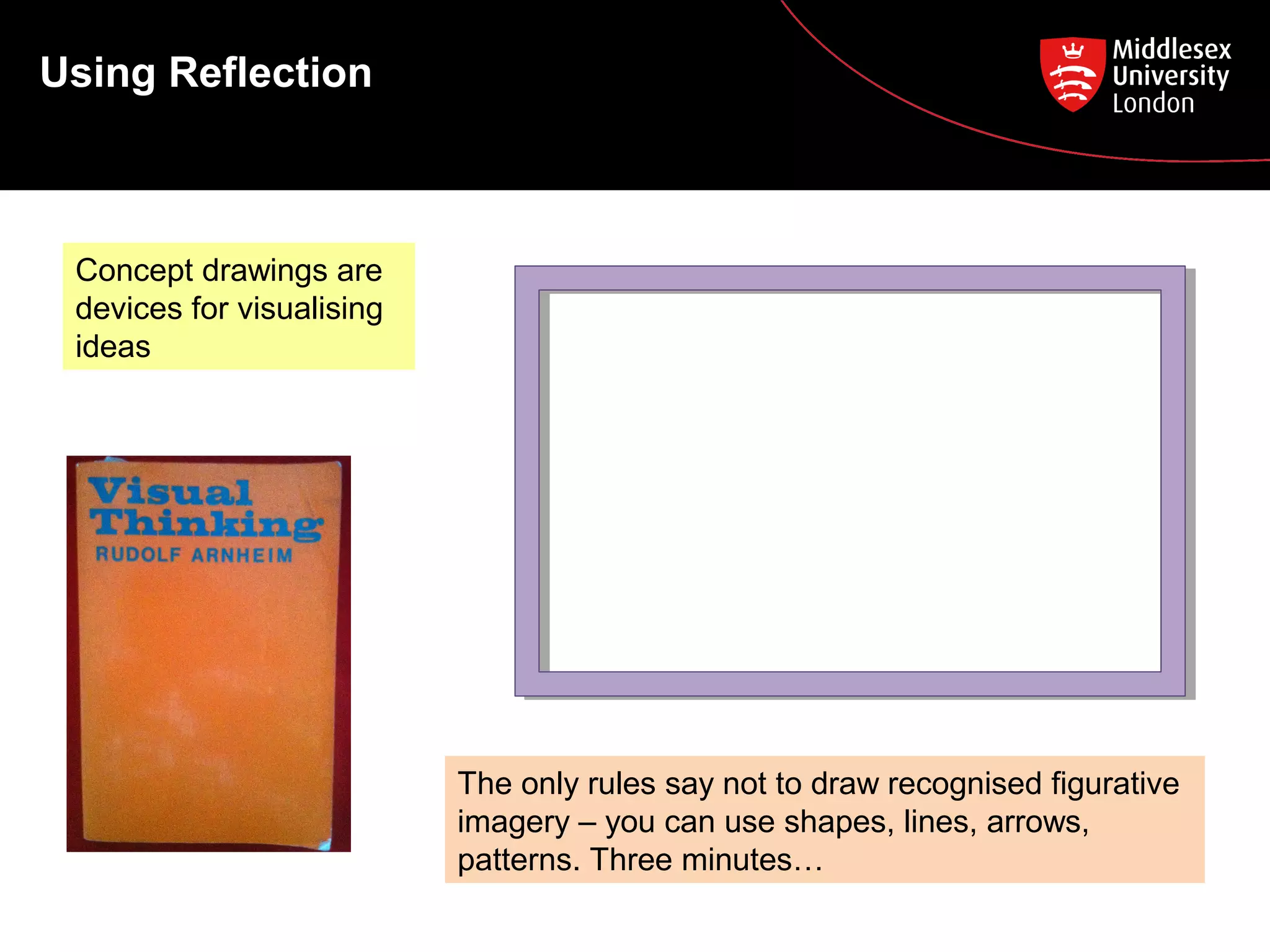 Using Reflection

Concept drawings are
devices for visualising
ideas

inside
interior
personal

exterior
professional
with others

The only rules say not to draw recognised figurative
imagery – you can use shapes, lines, arrows,
patterns. Three minutes…

 