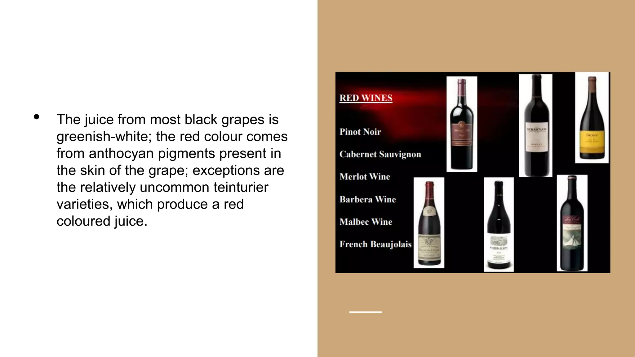 • The juice from most black grapes is
greenish-white; the red colour comes
from anthocyan pigments present in
the skin of the grape; exceptions are
the relatively uncommon teinturier
varieties, which produce a red
coloured juice.
 