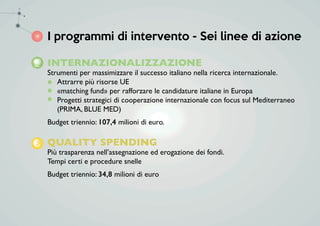 I programmi di intervento - Sei linee di azione
INTERNAZIONALIZZAZIONE
Strumenti per massimizzare il successo italiano nel...