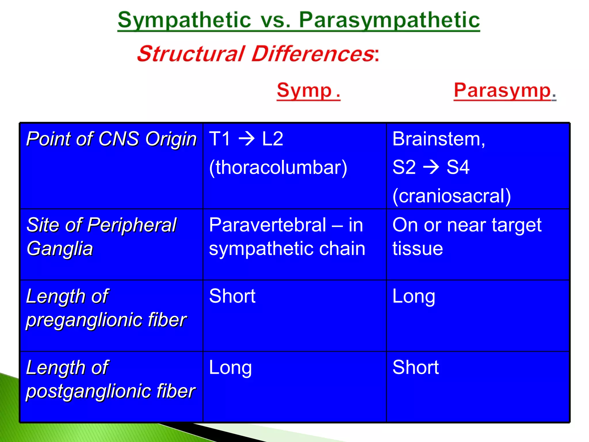 Point of CNS Origin T1    L2  (thoracolumbar) Brainstem, S2    S4 (craniosacral) Site of Peripheral Ganglia Paravertebral – in sympathetic chain On or near target tissue Length of preganglionic fiber Short Long Length of postganglionic fiber Long Short 