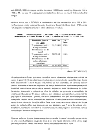 pelo CEBRID, 1996 informou que a análise de mais de 19.000 laudos cadavéricos feitos entre 1986 e
1993 no IML – de cada 100 corpos que deram entrada vítimas de morte não natural, 95 tinham álcool no
sangue.



Ainda de acordo com o DATASUS, e considerando o período compreendido entre 1998 e 2001,
verificamos que o maior percentual de gastos é decorrente do uso indevido de álcool - 87,9%; contra
13% de gastos oriundos no consumo de outras substancias psicoativas.



     TABELA I - MORBIDADE HOSPITALAR NO SUS – CAP V – TRANSTORNOS MENTAIS
   DECORRENTES DO USO DE ÁLCOOL E OUTRAS SUBSTÂNCIAS PSICOATIVAS - 1998 A 2001

                            Morbidades – CID-10        Valor Total     %
                                                                      Gastos
                                 1998 a 2001
                           Transtornos mentais e       232.518.454    87,9%
                             Comportamentais
                           decorrentes do uso de
                                   álcool
                           Transtornos mentais e       31.830.502     13,1%
                             Comportamentais
                           decorrentes do uso de
                             outras substâncias
                                psicoativas
                            Total gastos anuais        264.348.956    100%


                                                                               (Fonte: DATASUS, MS)


Os dados acima confirmam o consenso mundial de que as intervenções voltadas para minimizar os
custos do gasto indevido de substâncias psicoativas devem dedicar atenção especial às drogas de uso
lícito, especialmente o álcool. Poucos consumidores (os mais acometidos, em verdade) recebem
atenção do sistema de saúde em dispositivos de atenção extra-hospitalar especializada (ainda pouco
disponível) ou em nível de atenção básica; a atenção hospitalar no Brasil, componente de um modelo
iatrogênico, ultrapassado e excludente de oferta de cuidados, não contempla as necessidades da
maioria dos indivíduos que têm poucos problemas com o álcool, os quais constituem parcela maior da
população de consumidores – portanto, com maior probabilidade e risco para desenvolver problemas
mais graves, devendo ser alvo de intervenções preventivas, o que não deve ser absolutamente ignorado,
dentro de uma perspectiva de saúde pública. Desta forma, prevenção precoce e intervenções breves
podem ter efeitos benéficos que ultrapassam as suas populações-alvo. A oferta de cuidados extra-
hospitalares, inseridos na comunidade e complementados por outros programas assistenciais promove
condições para a reversão deste panorama.



Repensar as formas de cuidar destas pessoas deve contemplar formas de intervenção precoce, dentro
de uma perspectiva lógica de redução de danos, o que teria impacto altamente positivo sobre a carga
global de problemas e sobre o custo direto e indireto associado ao consumo de álcool.


                                                  19
 