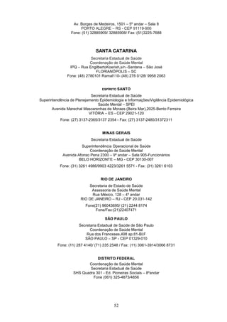 Av. Borges de Medeiros, 1501 – 5º andar – Sala 8
                      PORTO ALEGRE – RS - CEP 91119-900
                 Fone: (51) 32885909/ 32885908/ Fax: (51)3225-7688



                               SANTA CATARINA
                            Secretaria Estadual de Saúde
                            Coordenação de Saúde Mental
                IPQ – Rua EngilbertoKoerish,s/n -Santana – São José
                               FLORIANÓPOLIS – SC
               Fone: (48) 2780101 Ramal110- (48) 278 0128/ 9958 2063


                                   ESPÍRITO SANTO

                            Secretaria Estadual de Saúde
Superintendência de Planejamento Epidemiologia e Informações/Vigilância Epidemiológica
                                Saúde Mental – SPEI
       Avenida Marechal Mascarenhas de Moraes (Beira Mar),2025-Bento Ferreira
                           VITÓRIA – ES - CEP 29021-120
           Fone: (27) 3137-2365/3137 2354 - Fax: (27) 3137-2480/31372311


                                   MINAS GERAIS
                            Secretaria Estadual de Saúde
                       Superintendência Operacional de Saúde
                           Coordenação de Saúde Mental
             Avenida Afonso Pena 2300 – 9º andar – Sala 905-Funcionários
                      BELO HORIZONTE – MG - CEP 30130-007
           Fone: (31) 3261 4986/9903 4223/3261 5571 - Fax: (31) 3261 6103


                                  RIO DE JANEIRO
                           Secretaria de Estado de Saúde
                            Assessoria de Saúde Mental
                             Rua México, 128 – 4º andar
                       RIO DE JANEIRO – RJ - CEP 20.031-142
                         Fone(21) 96043695/ (21) 2244 8174
                              Fone/Fax:(21)22407471

                                    SÃO PAULO
                      Secretaria Estadual de Saúde de São Paulo
                            Coordenação de Saúde Mental
                          Rua dos Franceses,498 ap.81-Bl.F
                         SÃO PAULO – SP - CEP 01329-010
          Fone: (11) 287 4140/ (71) 335 2548 / Fax: (11) 3061-3914/3066 8731


                              DISTRITO FEDERAL
                         Coordenação de Saúde Mental
                          Secretaria Estadual de Saúde
                  SHS Quadra 301 - Ed. Pioneiras Sociais – 8ºandar
                           Fone (061) 325-4873/4856




                                         52
 