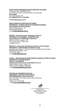 ASSOCIAÇÃO PERNAMBUCANA DE REDUÇÃO DE DANOS
Presidente: ANA GLÓRIA MELCOP
Av. Domingos Ferreira, 636 sala 405 Ed. Clinical Center
Boa Viagem
51011-050 Recife - PE
(81) 3466-0527/1377 / 9126-8822
e-mail:amelcop@uol.com.br

REDE ACREANA DE REDUÇÃO DE DANOS
PRESIDENTE: ALVARO AUGUSTO DE ANDRADE MENDES
Rua Projetada, 074 Bairro Bosque
69914-610 Rio Branco – AC
(68) 223-9625/2236737
e-mail:prdacre@mdnet.com.br


REPARE – Rede Paranaense de Redução de Danos
PRESIDENTE: ROSA MARIA JERONYMO LIMA
Rua Rui Barbosa, 1786/603 Bairro Maracanã
85852-120 Foz do Iguaçu – PR
Tel: (45) 30274214 – 9103-1618
chico@uol.com.br

ARD´POA – Associação de Redutores de Danos de Porto Alegre
PRESIDENTE: TÂNIA REGINA OLIVEIRA TELLES
Rua Mário de Artagão N.13 Bairro: Partenom Vila Maria da Conceição
90680-080 Porto Alegre – RS
Tel: (51) 99118221
e-mail:Artpoa@hotmail.com


ACARD – ASSOCIAÇÃO DE REDUTORES DE DANOS DE PORTO ALEGRE
PRESIDENTE: IZIS NASCIMENTO
NADIA A. CARPANEDO
Avenida Nossa Senhora da Penha 699/312 Torre B
Edifício Century Tower -Vitória – ES
Telefone:(28) 3345-9085 / 99893284
e-mail:ncarpanedo@hotmail.com.br



CENTRO DE CONVIVÊNCIA É DE LEI
PRESIDENTE: CRISTINA MARIA BRITES
VICE PRESIDENTE: Andrea Domanico
Rua 24 de maio 116 4º andar loja 37 centro- São Paulo
Cep- 01041-000
Telefone: 011-3337-6049
e-mail:conviveredelei@uol.com.br


                                                         EDITORA MS
                                   Coordenação-Geral de Documentação e Informação/SAA/SE
                                                   MINISTÉRIO DA SAÚDE
                                                  Reprodução fiel do original
                                        SIA, Trecho 4, Lotes 540/610 – CEP 71200-040
                                          Telefone: (61) 233-2020 fax: (61) 233-9558
                                               E-mail: editora.ms@saude.gov.br
                                                 Brasília – DF, março de 2003
                                                         OS 0277/2003




                                                           60
 