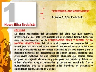 Fundamento Legal Constitucional:

                                 Artículo: 1, 2, 3 y Preámbulo….



ENFOQUE
La plena realización del Socialismo del Siglo XXI que estamos
inventando y que solo será posible en el mediano tiempo histórico
pasa necesariamente por la REFUNDACIÓN ÉTICA Y MORAL DE LA
NACIÓN VENEZOLANA. Tal refundación supone un proyecto ético y
moral que hunde sus raíces en la fusión de los valores y principios de
lo más avanzado de las corrientes humanistas del socialismo y de la
herencia histórica del pensamiento de Simón Bolívar. Propone una
ética cívica exclusiva de una sociedad pluralista que asume como
propios un conjunto de valores y principios que pueden y deben ser
universalizables porque desarrollan y ponen en marcha la fuerza
humanizadora que va a convertir a los hombres en personas y
ciudadanos justos, solidarios y felices.
 