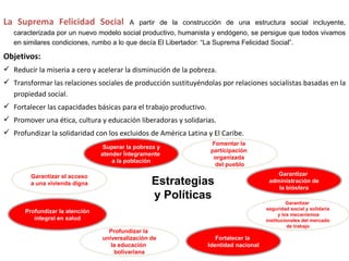 La Suprema Felicidad Social               A partir de la construcción de una estructura social incluyente,
   caracterizada por un nuevo modelo social productivo, humanista y endógeno, se persigue que todos vivamos
   en similares condiciones, rumbo a lo que decía El Libertador: “La Suprema Felicidad Social”.

Objetivos:
 Reducir la miseria a cero y acelerar la disminución de la pobreza.
 Transformar las relaciones sociales de producción sustituyéndolas por relaciones socialistas basadas en la
  propiedad social.
 Fortalecer las capacidades básicas para el trabajo productivo.
 Promover una ética, cultura y educación liberadoras y solidarias.
 Profundizar la solidaridad con los excluidos de América Latina y El Caribe.
                                                                    Fomentar la
                                 Superar la pobreza y
                                                                    participación
                                atender Íntegramente
                                                                     organizada
                                    a la población
                                                                     del pueblo

        Garantizar el acceso                                                                Garantizar
        a una vivienda digna                      Estrategias                            administración de
                                                                                            la biósfera
                                                  y Políticas
                                                                                                  Garantizar
                                                                                        seguridad social y solidaria
      Profundizar la atención
                                                                                              y los mecanismos
         integral en salud                                                              institucionales del mercado
                                                                                                  de trabajo
                                  Profundizar la
                                universalización de                   Fortalecer la
                                   la educación                    Identidad nacional
                                    bolivariana
 