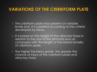 VARIATIONS OF THE CRIBRIFORM PLATE
 The cribriform plate may present at variable

levels and, it is classified according to the criteria
developed by Keros.

 It is based on the height of the olfactory fossa in

relation to the roof of the ethmoid sinus as
compared with the length of the lateral lamella
of cribriform plate.

 The higher the Keros grade, the greater the

chance of injury of the cribriform plate and
olfactory fossa.

 