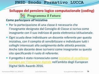 PNSD Snodo Formativo LUCCA
Formazione PNSD A.S. 2016/17 Lucia Giammario lucia.giammario@gmail.com 14
Sviluppo del pensiero...