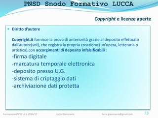 PNSD Snodo Formativo LUCCA
Formazione PNSD A.S. 2016/17 Lucia Giammario lucia.giammario@gmail.com
 Diritto d’autore
Copyr...