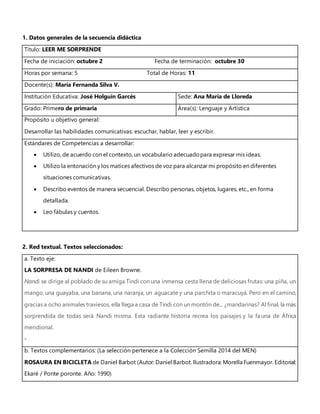 1. Datos generales de la secuencia didáctica
Título: LEER ME SORPRENDE
Fecha de iniciación: octubre 2 Fecha de terminación: octubre 30
Horas por semana: 5 Total de Horas: 11
Docente(s): María Fernanda Silva V.
Institución Educativa: José Holguín Garcés Sede: Ana María de Lloreda
Grado: Primero de primaria Área(s): Lenguaje y Artística
Propósito u objetivo general:
Desarrollar las habilidades comunicativas: escuchar, hablar, leer y escribir.
Estándares de Competencias a desarrollar:
 Utilizo, de acuerdo con el contexto, un vocabulario adecuadopara expresar mis ideas.
 Utilizo la entonación y los matices afectivos de voz para alcanzar mi propósito en diferentes
situaciones comunicativas.
 Describo eventos de manera secuencial. Describo personas, objetos, lugares, etc., en forma
detallada.
 Leo fábulas y cuentos.
2. Red textual. Textos seleccionados:
a. Texto eje:
LA SORPRESA DE NANDI de Eileen Browne.
Nandi se dirige al poblado de su amiga Tindi con una inmensa cesta llena de deliciosas frutas: una piña, un
mango, una guayaba, una banana, una naranja, un aguacate y una parchita o maracuyá. Pero en el camino,
gracias a ocho animales traviesos, ella llega a casa de Tindi con un montón de... ¿mandarinas? Al final, la más
sorprendida de todas será Nandi misma. Esta radiante historia recrea los paisajes y la fauna de África
meridional.
-
b. Textos complementarios: (La selección pertenece a la Colección Semilla 2014 del MEN)
ROSAURA EN BICICLETA de Daniel Barbot (Autor: Daniel Barbot. Ilustradora: Morella Fuenmayor. Editorial:
Ekaré / Ponte poronte. Año: 1990)
 