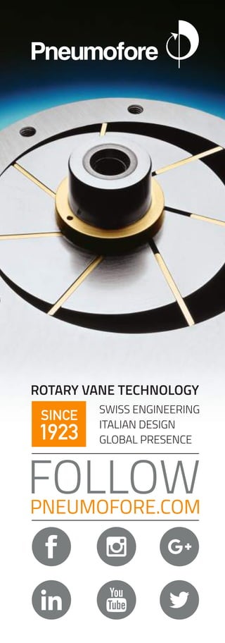 PNEUMOFORE.COM
ROTARY VANE TECHNOLOGY
®
SWISS ENGINEERING
ITALIAN DESIGN
GLOBAL PRESENCE
SINCE
1923
FOLLOW
 