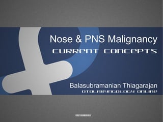 Nose & PNS Malignancy
Current concepts

Balasubramanian Thiagarajan

Otolaryngology online

Drtbalu's otolaryngology online

 