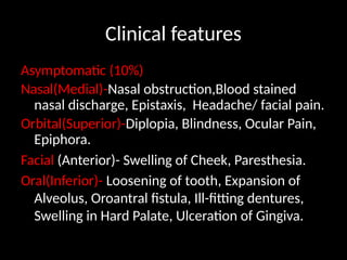Clinical features
Asymptomatic (10%)
Nasal(Medial)-Nasal obstruction,Blood stained
nasal discharge, Epistaxis, Headache/ facial pain.
Orbital(Superior)-Diplopia, Blindness, Ocular Pain,
Epiphora.
Facial (Anterior)- Swelling of Cheek, Paresthesia.
Oral(Inferior)- Loosening of tooth, Expansion of
Alveolus, Oroantral fistula, Ill-fitting dentures,
Swelling in Hard Palate, Ulceration of Gingiva.
 