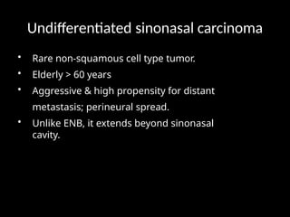 Undifferentiated sinonasal carcinoma
• Rare non-squamous cell type tumor.
• Elderly > 60 years
• Aggressive & high propensity for distant
metastasis; perineural spread.
• Unlike ENB, it extends beyond sinonasal
cavity.
 