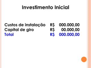 Investimento Inicial Custos de instalação R$ 000.000,00 Capital de giro R$   00.000,00 Total R$ 000.000,00   