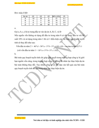 Biên Soạn : WWW.TCDN4.NET
caotuanhiep@gmail.com
TCDN4.NET
Nơi chia sẻ tài liệu và kinh nghiệp cho sinh viên TCDN - UEH
Đvt: triệu USD
Dự án CF CF CF NPV (10%) PI
A -10 30 5 21 3.1
B -5 5 20 16 4.2
C -5 5 15 12 3.4
D 0 -40 60 13 1.4
a.
Gọi a, b, c, d là tỷ trọng đầu tư vào dự án A, B, C, và D
Nếu nguồn vốn không sử dụng để đầu tư trong năm 0 có thể được đầu tư với lãi
suất 10% và sử dụng trong năm 1 thí có 1 điều kiện của bài toán quy hoạch tuyến
tình sẽ thay đổi như sau:
Vốn đầu tư năm 2 = 1.1*)1namdau tuvon10(10*5*5*30*40  cbad
(với vốn đầu tư năm 1 = 10*5*5*10  cba )
b.
Bài toán quy hoạch tuyến tình chỉ giúp giải quyết trong trường hợp công ty bị giới
hạn nguồn vốn cứng, trong trường hợp công ty không đủ nhân lực thực hiện dự án
bài toán không thay đổi. Tuy nhiên công ty có thể dựa vào kết quả của bài toán
quy hoạch tuyến tình để tập trung nhân lực thực hiện dự án.
 
