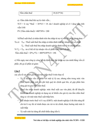 Biên Soạn : WWW.TCDN4.NET
caotuanhiep@gmail.com
TCDN4.NET
Nơi chia sẻ tài liệu và kinh nghiệp cho sinh viên TCDN - UEH
Tấm chắn thuế 18 (0.5*36)
a) -Tấm chắn thuế khi nợ là vĩnh viễn ;
TCT = li vay *thuế = 36*0.5 = 18 .tức l doanh nghiệp sẽ cĩ 1 dịng tiền vĩnh
viễn l18$
PV (Tấm chắn thuế)= 400*50%= 200
b)Thuế suất thuế cá nhân đánh trên thu nhập từ nợ và vốn cổ phần băng nhau
Ta có TPE : Thuế suất thuế thu nhập cá nhân đánh trên lợi nhuận vốn cổ phần
Tp : Thuế suất thuế thu nhập doanh nghiệp đánh trên li từ chứng khĩan .
Ví Tp = TPE nn cĩ thể nĩi lợi nhuận vốn cổ phần hịan tịan l cổ tức
Tấm chắn thuế = D*rD*Tc = 400*0.09*0.5= 18$
c) Nếu ngày mai công ty công bố dự định thay thế tất cả nợ của mính bằng vốn cổ
phần ,thí gi cổ phần sẽ giảm
Câu 5
các yếu tố xác định giá trị của tấm chắn thuế li trên thực tế
 Tỷ lệ nợ trên vốn cổ phần với một tỷ lệ cao, nhưng nằm trong mức vừa
phải, tránh phát sinh chi phì kiệt quệ tài chình quá lớn, sẽ góp phần làm
tăng giá trị của tấm chắn thuế.
 Thuế thu nhập doanh nghiệp: mức thuế suất cao vừa phải, đủ để khuyến
khìch các doanh nghiệp sử dụng nợ sẽ khiến cho giá trị của tấm chắn thuế
tăng so với một mức thuế suất thấp hơn.
 Lợi nhuận trước thuế và li vay (EBIT): một doanh nghiệp cĩ đủ khả năng để
chi trả li vay thí sẽ tránh được các rủi ro tài chình, được hưởng một mức li
suất thấp
 Tỷ suất sinh lợi dùng để chiết khấu dịng tiền li.
 