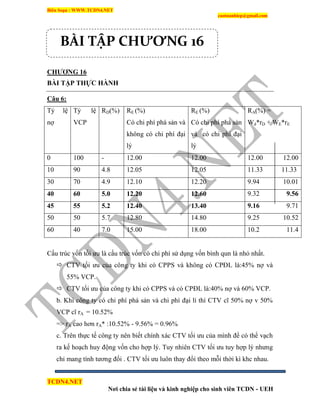 Biên Soạn : WWW.TCDN4.NET
caotuanhiep@gmail.com
TCDN4.NET
Nơi chia sẻ tài liệu và kinh nghiệp cho sinh viên TCDN - UEH
CHƢƠNG 16
BÀI TẬP THỰC HÀNH
Câu 6:
Tỷ lệ
nợ
Tỷ lệ
VCP
RD(%) RE (%)
Có chi phì phá sản và
không có chi phì đại
lý
RE (%)
Có chi phì phá sản
và có chi phì đại
lý
RA(%) =
Wd*rD + WE*rE
0 100 - 12.00 12.00 12.00 12.00
10 90 4.8 12.05 12.05 11.33 11.33
30 70 4.9 12.10 12.20 9.94 10.01
40 60 5.0 12.20 12.60 9.32 9.56
45 55 5.2 12.40 13.40 9.16 9.71
50 50 5.7 12.80 14.80 9.25 10.52
60 40 7.0 15.00 18.00 10.2 11.4
Cấu trúc vốn tối ưu là cấu trúc vốn có chi phì sử dụng vốn bính qun là nhỏ nhất.
 CTV tối ưu của công ty khi có CPPS và không có CPĐL là:45% nợ và
55% VCP.
 CTV tối ưu của công ty khi có CPPS và có CPĐL là:40% nợ và 60% VCP.
b. Khi công ty có chi phì phá sản và chi phì đại lì thí CTV cĩ 50% nợ v 50%
VCP cĩ rA = 10.52%
=> rA cao hơn rA* :10.52% - 9.56% = 0.96%
c. Trên thực tế công ty nên biết chình xác CTV tối ưu của mính để có thể vạch
ra kế hoạch huy động vốn cho hợp lý. Tuy nhiên CTV tối ưu tuy hợp lý nhưng
chỉ mang tình tương đối . CTV tối ưu luôn thay đổi theo mỗi thời kí khc nhau.
BÀI TẬP CHƯƠNG 16
 