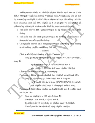 Biên Soạn : WWW.TCDN4.NET
caotuanhiep@gmail.com
TCDN4.NET
Nơi chia sẻ tài liệu và kinh nghiệp cho sinh viên TCDN - UEH
Jenkin products cĩ cấu trc vốn hiện tại gồm 50 triệu nợ di hạn với li suất
10% v 40 triệu$ vốn cổ phần thường(10 triệu cổ phần). Công ty đang xem xét một
dự án mở rộng có chi phì 10 triệu $. Dự án này có thể được tài trợ bằng cách bán
thêm nợ dài hạn với li suất 13%, cổ phần ưu đi với chi phì 14% hoặc pht hnh cổ
phần thường mới với giá 10$/1 cổ phần. Thuế thu nhập doanh nghiệp 40%.
a. Tình điểm hoà vốn EBIT giữa phương án tài trợ bằng nợ và vốn cổ phần
thường.
b. Tình điểm hoà vốn EBIT giữa phương án tài trợ bằng cổ phần ưu đi v
phương án bằng vốn cổ phần thường.
c. Có một điểm hoà vốn EBIT nào giữa phương án tài trợ bằng nợ và phương
án tài trợ bằng cổ phần ưu đi khơng ? tại sao?
Bài làm:
Cấu trúc vốn hiện tại của công ty Jenkin Products:
Tổng giá trị(thị trường) hiện tại của công ty: V=D+E= 150 triệu $,
trong đó:
Nợ di hạn D=50 triệu, li vay =10%*50=5 triệu $.
Vốn cổ phần E=100 triệu $(số lượng cổ phần 10 triệu).
Cấu trúc vốn dự kiến của công ty sau mở rộng:
Phương án 1: Tài trợ bằng nợ, phát hnh thm 10 triệu $ nợ với li suất 13%.
Tổng giá trị của công ty: V=D+E=160 triệu $, trong đó:
Nợ di hạn D=60 triệu $, li vay=10%*50+13%*10=6.3 triệu $.
Vốn cổ phần E=100 triệu $( số lượng cổ phần 10 triệu).
Phương án 2: Tài trợ bằng cổ phần ưu đi, pht thm 10 triệu $ cổ phần ưu đi
với chi phì 14%.
Tổng giá trị công ty V=160 triệu $, trong đó:
Nợ di hạn D=50 triệu $, li vay= 5 triệu $.
Cổ phần ưu đi =10 triệu $, Cổ tức cổ phần ưu đi = 1.4 triệu $.
Vốn cổ phần E=100 triệu $ (số lượng cổ phần 10 triệu).
 