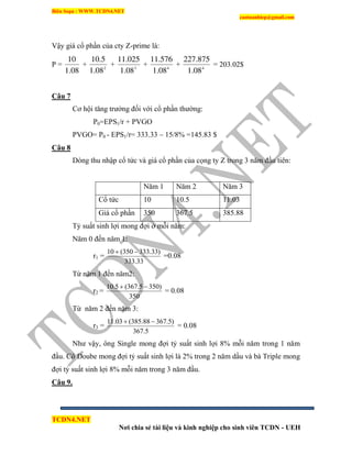 Biên Soạn : WWW.TCDN4.NET
caotuanhiep@gmail.com
TCDN4.NET
Nơi chia sẻ tài liệu và kinh nghiệp cho sinh viên TCDN - UEH
Vậy giá cổ phần của cty Z-prime là:
P =
08.1
10
+ 2
08.1
5.10
+ 3
08.1
025.11
+ 4
08.1
576.11
+ 4
08.1
875.227
= 203.02$
Câu 7
Cơ hội tăng trưởng đối với cổ phần thường:
P0=EPS1/r + PVGO
PVGO= P0 - EPS1/r= 333.33 – 15/8% =145.83 $
Câu 8
Dòng thu nhập cổ tức và giá cổ phần của cọng ty Z trong 3 năm đầu tiên:
Năm 1 Năm 2 Năm 3
Cổ tức 10 10.5 11.03
Giá cổ phần 350 367.5 385.88
Tỷ suất sinh lợi mong đợi ở mỗi năm:
Năm 0 đến năm 1:
r1 =
33.333
)33.333350(10 
=0.08
Từ năm 1 đến năm2:
r2 =
350
)3505.367(5.10 
= 0.08
Từ năm 2 đến năm 3:
r3 =
5.367
)5.36788.385(03.11 
= 0.08
Như vậy, ông Single mong đợi tỷ suất sinh lợi 8% mỗi năm trong 1 năm
đầu. Cô Doube mong đợi tỷ suất sinh lợi là 2% trong 2 năm dầu và bà Triple mong
đợi tỷ suất sinh lợi 8% mỗi năm trong 3 năm đầu.
Câu 9.
 