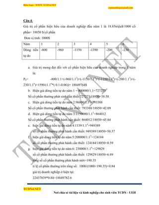 Biên Soạn : WWW.TCDN4.NET
caotuanhiep@gmail.com
TCDN4.NET
Nơi chia sẻ tài liệu và kinh nghiệp cho sinh viên TCDN - UEH
Câu 4:
Giá trị cổ phần hiện hữu của doanh nghiệp đầu năm 1 là 18.85triệu$/1000 cổ
phần= 18850 $/cổ phần
Đơn vị tình: 1000$
Năm 1 2 3 4 5 6
Dòng tiền
tự do
-800 -960 -1150 -1390 -200 -230
a. Giá trị mong đợi đối với cổ phần hiện hữu của doanh nghiệp trong 1 năm
là:
P0= -800/1.1+(-960/1.12
)+(-1150/1.13
)+(-1150/1.14
)+(-200/1.15
)+(-
230/1.16
)+1590/(1.16
*( 0.1-0.06))= 18849764$
b. Hiện giá dòng tiền tự do năm 1 = 800000/1.1=727273
Số cổ phần thường phát sinh cần thiết:727273/18850=38.58
c. Hiện giá dòng tiền tự do năm 2:96000/1.12
=793388
Số cổ phần thường phát hành cần thiết: 793388/18850=42.09
d. Hiện giá dòng tiền tự do năm 3:1150000/1.13
=864012
Số cổ phần thường phát hành cần thiết: 864012/18850=45.84
e. hiện giá dòng tiền tự do năm 4:1139/1.14
=949389
số cổ phần thường phát hành cần thiết: 949389/18850=50.37
f. hiện giá dòng tiền tự do năm 5:200000/1.15
=124184
số cổ phần thường phát hành cần thiết: 124184/18850=0.59
g. hiện giá dòng tiền tự do năm 6: 230000/1.16
=129829
số cổ phần thường phát hành cần thiết: 129829/18850=6.89
tổng số cổ phần thường phát hành mới=190.35
tỉ lệ cổ phần thường trên tổng số: 1000/(1000+190.35)=0.84
giá trị doanh nghiệp ở hiện tại:
22437839*0.84=18849782.6
 
