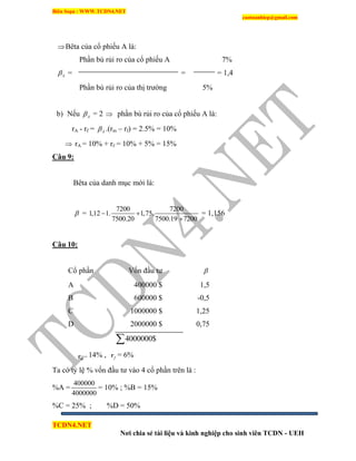 Biên Soạn : WWW.TCDN4.NET
caotuanhiep@gmail.com
TCDN4.NET
Nơi chia sẻ tài liệu và kinh nghiệp cho sinh viên TCDN - UEH
Bêta của cổ phiếu A là:
Phần bù rủi ro của cổ phiếu A 7%
A = = = 1,4
Phần bù rủi ro của thị trường 5%
b) Nếu A = 2  phần bù rủi ro của cổ phiếu A là:
rA - rf = A .(rm – rf) = 2.5% = 10%
 rA = 10% + rf = 10% + 5% = 15%
Câu 9:
Bêta của danh mục mới là:
 =
7200 7200
1,12 1. 1,75.
7500.20 7500.19 7200
 

= 1,156
Câu 10:
Cổ phần Vốn đầu tư 
A 400000 $ 1,5
B 600000 $ -0,5
C 1000000 $ 1,25
D 2000000 $ 0,75
4000000$
mr = 14% , fr = 6%
Ta có tỷ lệ % vốn đầu tư vào 4 cổ phần trên là :
%A =
400000
4000000
= 10% ; %B = 15%
%C = 25% ; %D = 50%
 