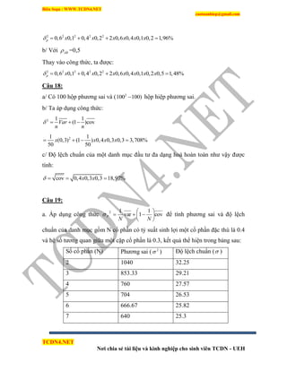 Biên Soạn : WWW.TCDN4.NET
caotuanhiep@gmail.com
TCDN4.NET
Nơi chia sẻ tài liệu và kinh nghiệp cho sinh viên TCDN - UEH
2 2 2 2 2
0,6 0,1 0,4 0,2 2 0,6 0,4 0,1 0,2 1,96%p x x x x x x    
b/ Với AB =0,5
Thay vào công thức, ta được:
2 2 2 2 2
0,6 0,1 0,4 0,2 2 0,6 0,4 0,1 0,2 0,5 1,48%p x x x x x x x    
Câu 18:
a/ Có 100 hộp phương sai và ( 2
100 100) hộp hiệp phương sai.
b/ Ta áp dụng công thức:
2 1 1
(1 )covVar
n n
   
21 1
(0,3) (1 ) 0,4 0,3 0,3 3,708%
50 50
x x x x   
c/ Độ lệch chuẩn của một danh mục đầu tư đa dạng hoá hoàn toàn như vậy được
tình:
cov 0,4 0,3 0,3 18,97%x x   
Câu 19:
a. Áp dụng công thức cov
1
1var
12







NN
P để tình phương sai và độ lệch
chuẩn của danh mục gồm N cổ phần có tỷ suất sinh lợi một cổ phần đặc thù là 0.4
và hệ số tương quan giữa một cặp cổ phần là 0.3, kết quả thể hiện trong bảng sau:
Số cổ phần (N) Phương sai ( 2
 ) Độ lệch chuẩn ( )
2 1040 32.25
3 853.33 29.21
4 760 27.57
5 704 26.53
6 666.67 25.82
7 640 25.3
 