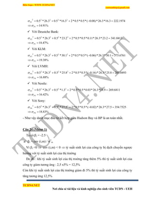 Biên Soạn : WWW.TCDN4.NET
caotuanhiep@gmail.com
TCDN4.NET
Nơi chia sẻ tài liệu và kinh nghiệp cho sinh viên TCDN - UEH
%91.14
1974.2223.16*3.26*)08.0(*5.0*5.0*23.16*5.03.26*5.0
1
22222
1


P
P


 Với Deustche Bank:
%47.18
0413.3412.23*3.26*11.0*5.0*5.0*22.23*5.03.26*5.0
1
22222
2


P
P


 Với KLM:
%38.19
6761.3751.30*3.26*)06.0(*5.0*5.0*21.30*5.03.26*5.0
3
22222
3


P
P


 Với LVMH:
%88.16
0493.2858.25*3.26*)16.0(*5.0*5.0*28.25*5.03.26*5.0
4
22222
4


P
P


 Với Nestle:
%42.16
6811.2699.18*3.26*03.0*5.0*5.0*23.1*5.03.26*5.0
5
22222
5


P
P


 Với Sony:
%83.18
7525.3545.27*3.26*)02.0(*5.0*5.0*25.27*5.03.26*5.0
6
22222
6


P
P


- Như vậy danh mục đầu tư kết hợp giữa Hudson Bay và BP là an toàn nhất.
Câu 24 (Nhóm 1)
Ta có:i = -2.5
a/ i = cov (i,m) / 2
m
Ví i <0  cov (i,m) < 0  tỷ suất sinh lợi của công ty bị dịch chuyển ngược
hướng với tỷ suất sinh lợi của thị trường
Do đó : khi tỷ suất sinh lợi của thị trường tăng thêm 5% thí tỷ suất sinh lợi của
công ty giảm tương ứng : 2,5 x5% = 12,5%
Còn khi tỷ suất sinh lợi của thị trường giảm đi 5% thí tỷ suất sinh lợi của công ty
tăng tương ứng 12,5%
 