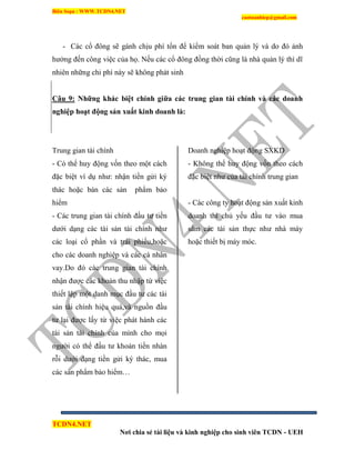 Biên Soạn : WWW.TCDN4.NET
caotuanhiep@gmail.com
TCDN4.NET
Nơi chia sẻ tài liệu và kinh nghiệp cho sinh viên TCDN - UEH
- Các cổ đông sẽ gánh chịu phì tổn để kiểm soát ban quản lý và do đó ảnh
hưởng đến công việc của họ. Nếu các cổ đông đồng thời cũng là nhà quản lý thí dĩ
nhiên những chi phì này sẽ không phát sinh
Câu 9: Những khác biệt chính giữa các trung gian tài chính và các doanh
nghiệp hoạt động sản xuất kinh doanh là:
Trung gian tài chình
- Có thể huy động vốn theo một cách
đặc biệt vì dụ như: nhận tiền gửi ký
thác hoặc bán các sản phẩm bảo
hiểm
- Các trung gian tài chình đầu tư tiền
dưới dạng các tài sản tài chình như
các loại cổ phần và trái phiếu,hoặc
cho các doanh nghiệp và các cá nhân
vay.Do đó các trung gian tài chình
nhận được các khoản thu nhập từ việc
thiết lập một danh mục đầu tư các tài
sản tài chình hiệu quả,và nguồn đầu
tư lại được lấy từ việc phát hành các
tài sản tài chình của mính cho mọi
người có thể đầu tư khoản tiền nhàn
rỗi dưới dạng tiền gửi ký thác, mua
các sản phẩm bảo hiểm…
Doanh nghiệp hoạt động SXKD
- Không thể huy động vốn theo cách
đặc biệt như của tài chình trung gian
- Các công ty hoạt động sản xuất kinh
doanh thí chủ yếu đầu tư vào mua
sắm các tài sản thực như nhà máy
hoặc thiết bị máy móc.
 