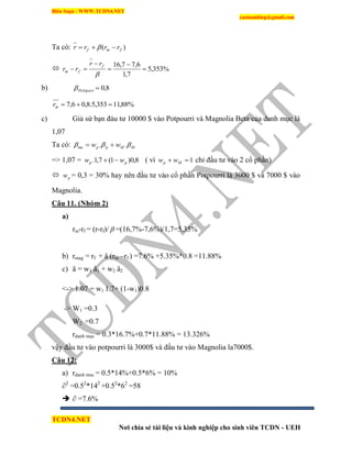 Biên Soạn : WWW.TCDN4.NET
caotuanhiep@gmail.com
TCDN4.NET
Nơi chia sẻ tài liệu và kinh nghiệp cho sinh viên TCDN - UEH
Ta có: )( fmf rrrr  
 %353,5
7,1
6,77,16






f
fm
rr
rr
b) 8,0Poâtpuri
%88,11353,5.8,06,7 mr
c) Giả sử bạn đàu tư 10000 $ vào Potpourri và Magnolia Beta của danh mục là
1,07
Ta có: MMppme ww  .. 
=> 1,07 = 8,0)1(7,1. pp ww  ( ví 1 Mp ww chỉ đầu tư vào 2 cổ phần)
 pw = 0,3 = 30% hay nên đầu tư vào cổ phần Potpourri là 3000 $ và 7000 $ vào
Magnolia.
Câu 11. (Nhóm 2)
a)
rm-rf = (r-rf)/  =(16,7%-7,6%)/1,7=5,35%
b) rmag = rf + â (rm –rf ) =7.6% +5.35%*0.8 =11.88%
c) â = w1 â1 + w2 â2
<-> 1.07 = w1 1.7+ (1-w1)0.8
-> W1 =0.3
W2 =0.7
rdanh mục = 0.3*16.7%+0.7*11.88% = 13.326%
vậy đầu tư vào potpourri là 3000$ và đầu tư vào Magnolia la7000$.
Câu 12:
a) rdanh muc = 0.5*14%+0.5*6% = 10%
∂2
=0.52
*142
+0.52
*62
=58
 ∂ =7.6%
 