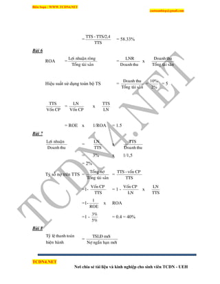 Biên Soạn : WWW.TCDN4.NET
caotuanhiep@gmail.com
TCDN4.NET
Nơi chia sẻ tài liệu và kinh nghiệp cho sinh viên TCDN - UEH
=
TTS
TTS/2,4-TTS
= 58.33%
Bài 6
ROA =
saûntaøiToång
roøngnhuaänLôïi
=
thuDoanh
LNR
x
saûntaøiToång
thuDoanh
Hiệu suất sử dụng toàn bộ TS =
saûntaøiToång
thuDoanh
=
%2
%10
= 5
CPVoán
TTS
=
CPVoán
LN
x
LN
TTS
= ROE x 1/ROA = 1.5
Bài 7
thuDoanh
nhuaänLôïi
=
TTS
LN
x
thuDoanh
TTS
= 3% x 1/1,5
= 2%
Tỷ số nợ trên TTS =
saûntaøiToång
nôïToång
=
TTS
CPvoán-TTS
=1-
TTS
CPVoán
= 1 -
LN
CPVoán
x
TTS
LN
=1-
ROE
1
x ROA
=1 -
5%
3%
= 0.4 = 40%
Bài 8
haønhhieän
toaùnthanhleäTyû
=
môùihaïnngaénNôï
môùiTSLÑ
 