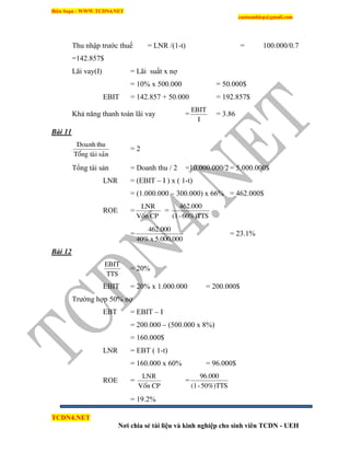 Biên Soạn : WWW.TCDN4.NET
caotuanhiep@gmail.com
TCDN4.NET
Nơi chia sẻ tài liệu và kinh nghiệp cho sinh viên TCDN - UEH
Thu nhập trước thuế = LNR /(1-t) = 100.000/0.7
=142.857$
Lãi vay(I) = Lãi suất x nợ
= 10% x 500.000 = 50.000$
EBIT = 142.857 + 50.000 = 192.857$
Khả năng thanh toán lãi vay =
I
EBIT
= 3.86
Bài 11
saûntaøiToång
thuDoanh
= 2
Tổng tài sản = Doanh thu / 2 =10.000.000/2 = 5.000.000$
LNR = (EBIT – I ) x ( 1-t)
= (1.000.000 – 300.000) x 66% = 462.000$
ROE =
CPVoán
LNR
=
60%)TTS-(1
462.000
=
5.000.000x40%
462.000
= 23.1%
Bài 12
TTS
EBIT
= 20%
EBIT = 20% x 1.000.000 = 200.000$
Trường hợp 50% nợ
EBT = EBIT – I
= 200.000 – (500.000 x 8%)
= 160.000$
LNR = EBT ( 1-t)
= 160.000 x 60% = 96.000$
ROE =
CPVoán
LNR
=
50%)TTS-(1
96.000
= 19.2%
 
