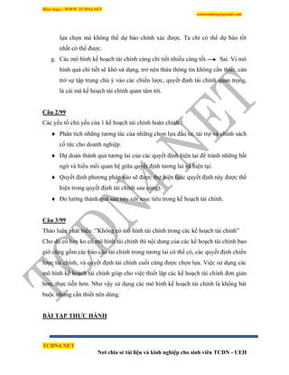 Biên Soạn : WWW.TCDN4.NET
caotuanhiep@gmail.com
TCDN4.NET
Nơi chia sẻ tài liệu và kinh nghiệp cho sinh viên TCDN - UEH
lựa chọn mà không thể dự báo chình xác được. Ta chỉ có thể dự báo tốt
nhất có thể được.
g. Các mô hính kế hoạch tài chình càng chi tiết nhiều càng tốt. Sai. Ví mô
hính quá chi tiết sẽ khó sử dụng, trở nên thừa thông tin không cần thiết, cản
trở sự tập trung chú ý vào các chiến lược, quyết định tài chình quan trọng,
là cái mà kế hoạch tài chình quan tâm tới.
Câu 2/99
Các yếu tố chủ yếu của 1 kế hoạch tài chình hoàn chỉnh :
 Phân tìch những tương tác của những chọn lựa đầu tư, tài trợ và chình sách
cổ tức cho doanh nghiệp.
 Dự doán thành quả tương lai của các quyết định hiện tại để tránh những bất
ngờ và hiểu mối quan hệ giữa quyết định tương lai và hiện tại.
 Quyết định phương pháp nào sẽ được thự hiện (các quyết định này được thể
hiện trong quyết định tài chình sau cùng).
 Đo lường thành quả sau này với mục tiêu trong kế hoạch tài chình.
Câu 3/99
Thảo luận phát biểu :”Không có mô hính tài chình trong các kế hoạch tài chình”
Cho dù có hay ko có mô hính tài chình thí nội dung của các kế hoạch tài chình bao
giờ cũng gồm các báo cáo tài chình trong tương lai có thể có, các quyết định chiến
lược tài chình, và quyết định tài chình cuối cùng được chọn lựa. Việc sử dụng các
mô hính kế hoạch tài chình giúp cho việc thiết lập các kế hoạch tài chình đơn giản
hơn, thực tiễn hơn. Như vậy sử dụng các mô hính kế hoạch tài chình là không bát
buộc nhưng cần thiết nên dùng.
BÀI TẬP THỰC HÀNH
 