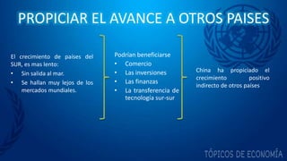 PROPICIAR EL AVANCE A OTROS PAISES
El crecimiento de países del
SUR, es mas lento:
• Sin salida al mar.
• Se hallan muy lejos de los
mercados mundiales.
Podrían beneficiarse
• Comercio
• Las inversiones
• Las finanzas
• La transferencia de
tecnología sur-sur
China ha propiciado el
crecimiento positivo
indirecto de otros países
 