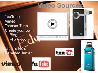 Video Sources
•YouTube
•Vimeo
•Teacher Tube
•Create your own!
•Blog
•Flip Video
Capture tools
•NetVideoHunter
 