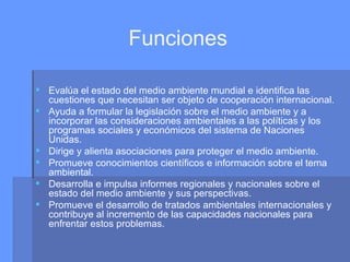 Funciones Evalúa el estado del medio ambiente mundial e identifica las cuestiones que necesitan ser objeto de cooperación internacional.  Ayuda a formular la legislación sobre el medio ambiente y a incorporar las consideraciones ambientales a las políticas y los programas sociales y económicos del sistema de Naciones Unidas.  Dirige y alienta asociaciones para proteger el medio ambiente.  Promueve conocimientos científicos e información sobre el tema ambiental.  Desarrolla e impulsa informes regionales y nacionales sobre el estado del medio ambiente y sus perspectivas.  Promueve el desarrollo de tratados ambientales internacionales y contribuye al incremento de las capacidades nacionales para enfrentar estos problemas.  
