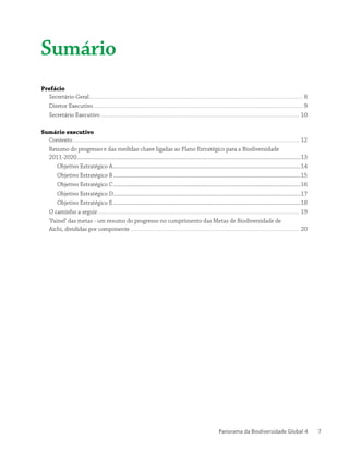 Panorama da Biodiversidade Global 4 7
Sumário
Prefácio
Secretário-Geral.................................................................................................................................. 8
Diretor Executivo............................................................................................................................... 9
Secretário Executivo......................................................................................................................... 10
Sumário executivo
Contexto.......................................................................................................................................... 12
Resumo do progresso e das medidas-chave ligadas ao Plano Estratégico para a Biodiversidade
2011-2020............................................................................................................................................................13
Objetivo Estratégico A...................................................................................................................................14
Objetivo Estratégico B...................................................................................................................................15
Objetivo Estratégico C...................................................................................................................................16
Objetivo Estratégico D..................................................................................................................................17
Objetivo Estratégico E...................................................................................................................................18
O caminho a seguir........................................................................................................................... 19
’Painel’ das metas - um resumo do progresso no cumprimento das Metas de Biodiversidade de
Aichi, divididas por componente....................................................................................................... 20
 