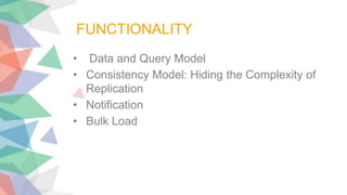 • Data and Query Model
• Consistency Model: Hiding the Complexity of
Replication
• Notification
• Bulk Load
FUNCTIONALITY
 