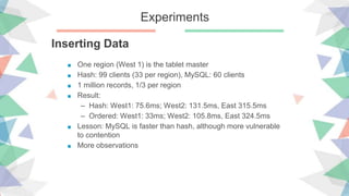 Experiments
Inserting Data
■ One region (West 1) is the tablet master
■ Hash: 99 clients (33 per region), MySQL: 60 clients
■ 1 million records, 1/3 per region
■ Result:
– Hash: West1: 75.6ms; West2: 131.5ms, East 315.5ms
– Ordered: West1: 33ms; West2: 105.8ms, East 324.5ms
■ Lesson: MySQL is faster than hash, although more vulnerable
to contention
■ More observations
 